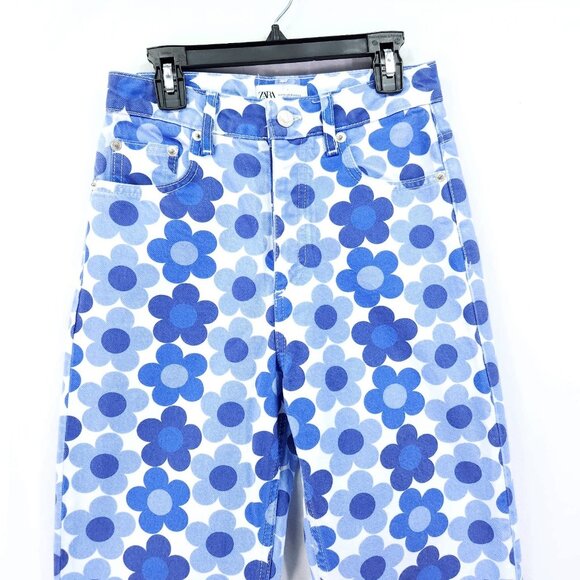 Zara Pants Womens 0 Blue 70's Floral Print Straight Leg Retro Button Fly Jeans - Picture 10 of 13